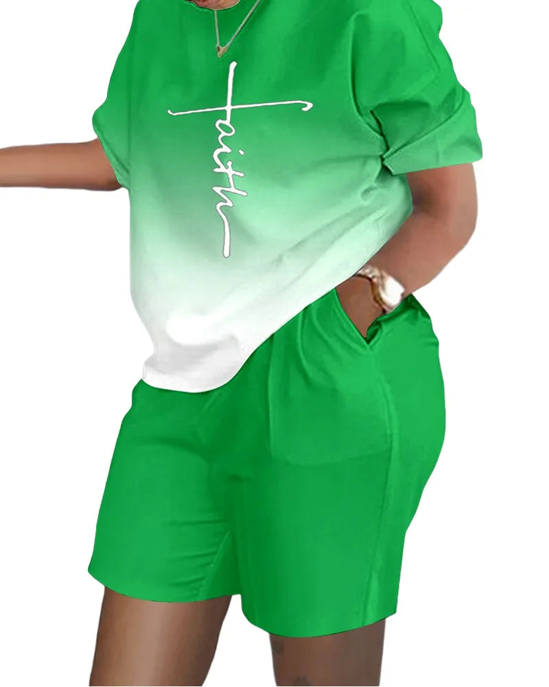 Ladies Casual Summer Two Piece Sets Printed Shorts Sets Women Round Neck Short Sleeve T Shirts Pullover High Waist Trousers Suit