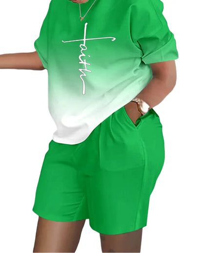 Ladies Casual Summer Two Piece Sets Printed Shorts Sets Women Round Neck Short Sleeve T Shirts Pullover High Waist Trousers Suit