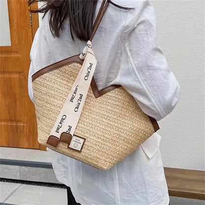 Chic Straw Woven Beach Tote Bag for Women Lightweight Woven Handbag Shoulder Bag Perfect for Summer Vacations, Pool Days, Travel