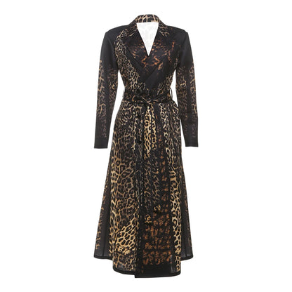 Kliou Leopard Print Trench Coat Woman Autumn Trend High Waist Bandage Cardigan Lapel Full Sleeve Street Fashion Style Clothing