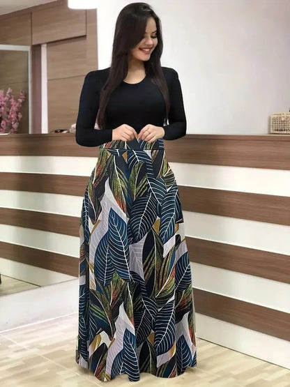 New flower print color blocked long sleeved dress for 2025