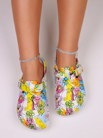 Women's Fashion Floral Print Clogs, Eva Summer Non-Slip Work Shoes, Lightweight Flat Soft Sole Adjustable Buckle Closed Toe Suitable for Beach Garden Autumn