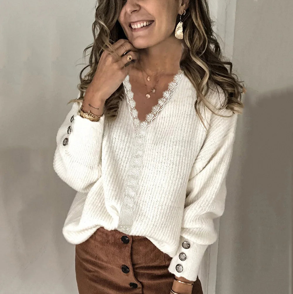 2025 autumn and winter new lace V-neck casual slim jacket sweater for women loose long-sleeved solid color sweater