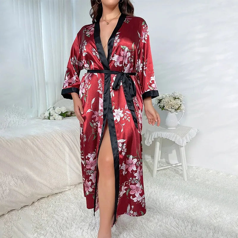 Plus Size Women's Satin Like Nightgown Fashion Long Maxi Sleep Dress100kg Floral Print Loose Fit Robe for Curvy Girls Loungewear