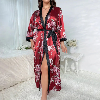 Plus Size Women's Satin Like Nightgown Fashion Long Maxi Sleep Dress100kg Floral Print Loose Fit Robe for Curvy Girls Loungewear