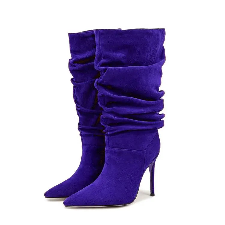 2025Women's Autumn and Winter New Pleated High-heeled Short Boots with Pointed Sleeves, Women's 35-47 Large Mid Length Boots