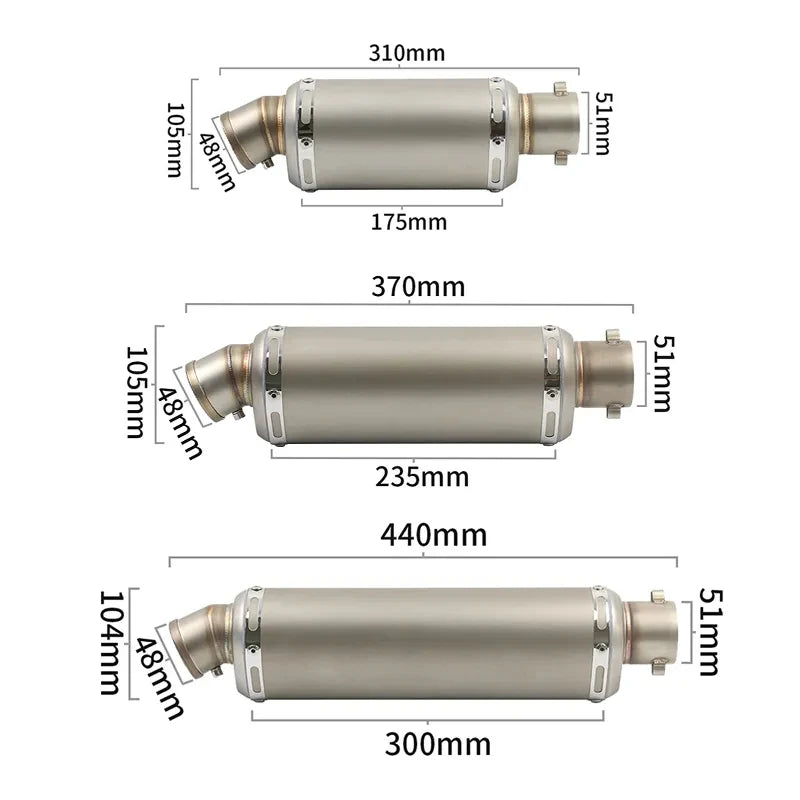 Stainless Steel 51mm Universal Motorcycle Exhaust Muffler Escape 310 370 440 mm Pipe 100cc-1000cc ATV GP Scooter For fz6 pcx125