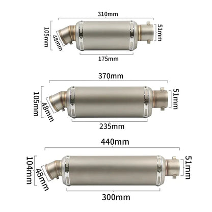 Stainless Steel 51mm Universal Motorcycle Exhaust Muffler Escape 310 370 440 mm Pipe 100cc-1000cc ATV GP Scooter For fz6 pcx125