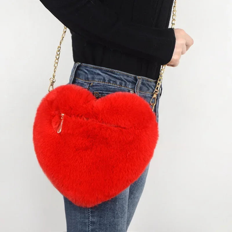1 Pcs Women's Handbags Winter Fashion Faux Fur Heart Bag For Women Handbag Shoulder Bag Messenger Crossbody Bag Gift