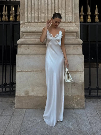 Lace Patchwork Sling Women's Dress Sexy Solid V-neck Sleeveless Backless Stain Female Maxi Dress 2026 Elegant Summer Party Gowns