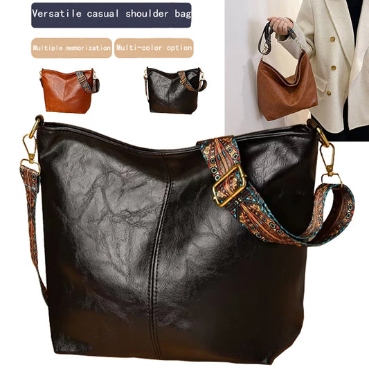Neutral Style Men's and Women's Pu Tote Bag, Suitable for Travel and Photography, Single Shoulder Bag with Ethnic Style Strap