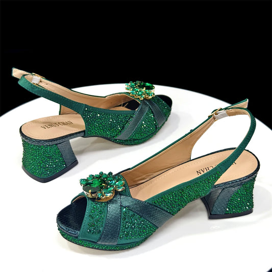 2025 Elegant Green Peep-Toe Heel Pumps for Women with Diamond Accents - Italian Matching Shoes and Bags Set for Parties