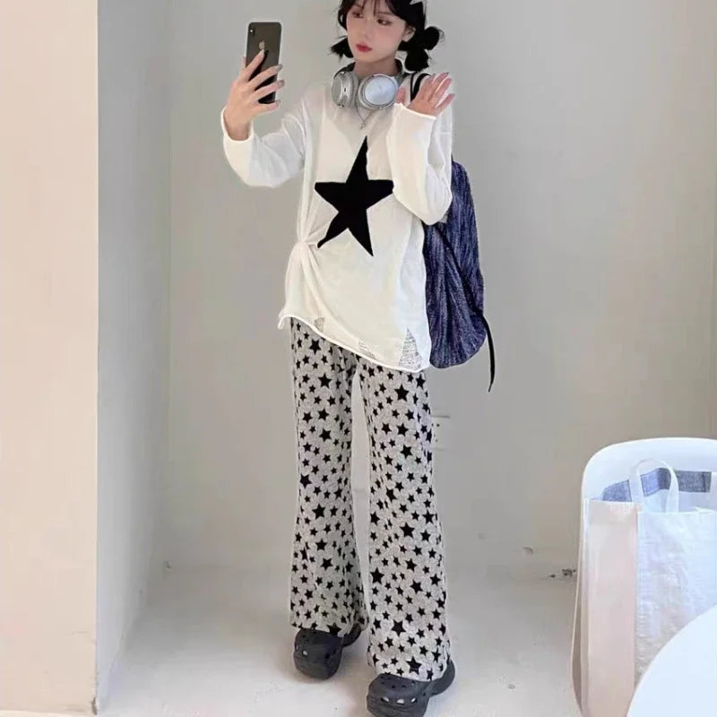 Streetwear American Retro Flared Pants Women Summer High Waist Thin High Street Hip-hop Casual Y2k Trousers Femme