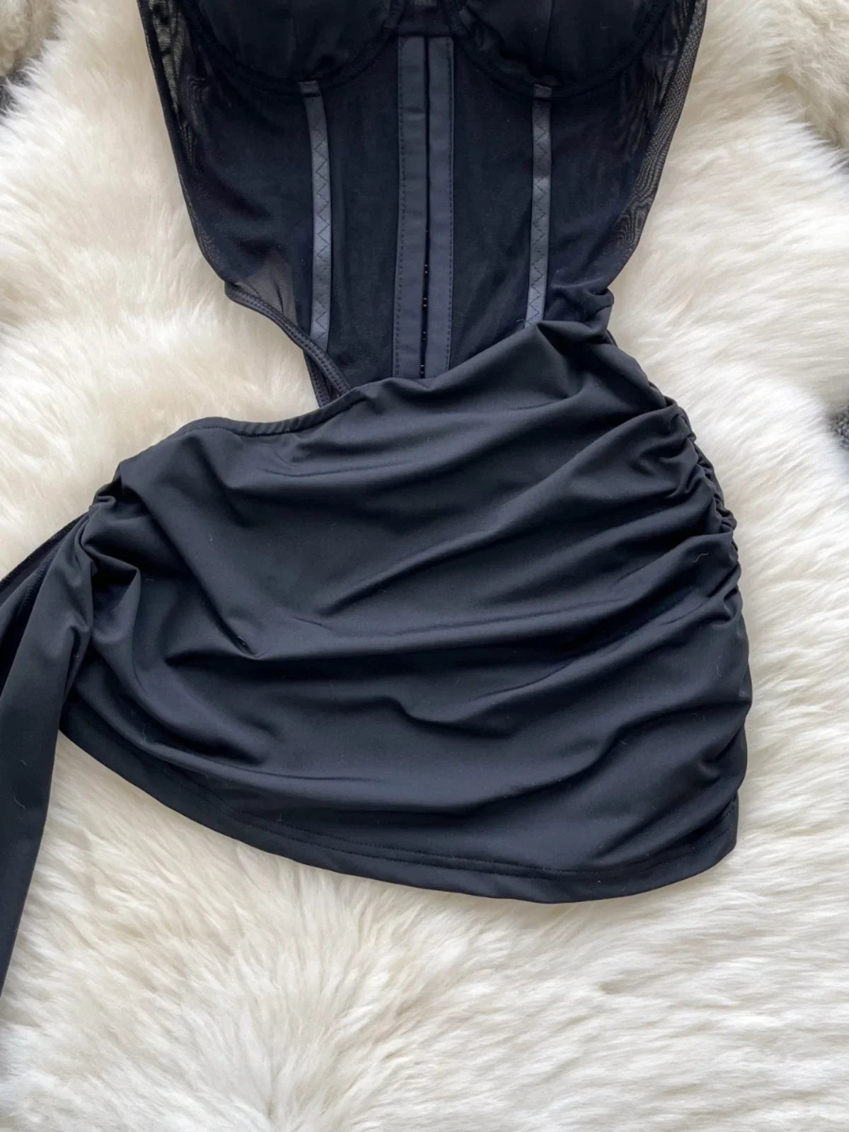 Foamlina  American Sexy Hollowed-out Waist Tube Top Dress for Women's Pleated Waist Hip-wrapped Streamer Girl's Short Dress