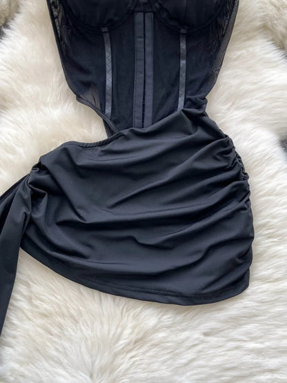 Foamlina  American Sexy Hollowed-out Waist Tube Top Dress for Women's Pleated Waist Hip-wrapped Streamer Girl's Short Dress