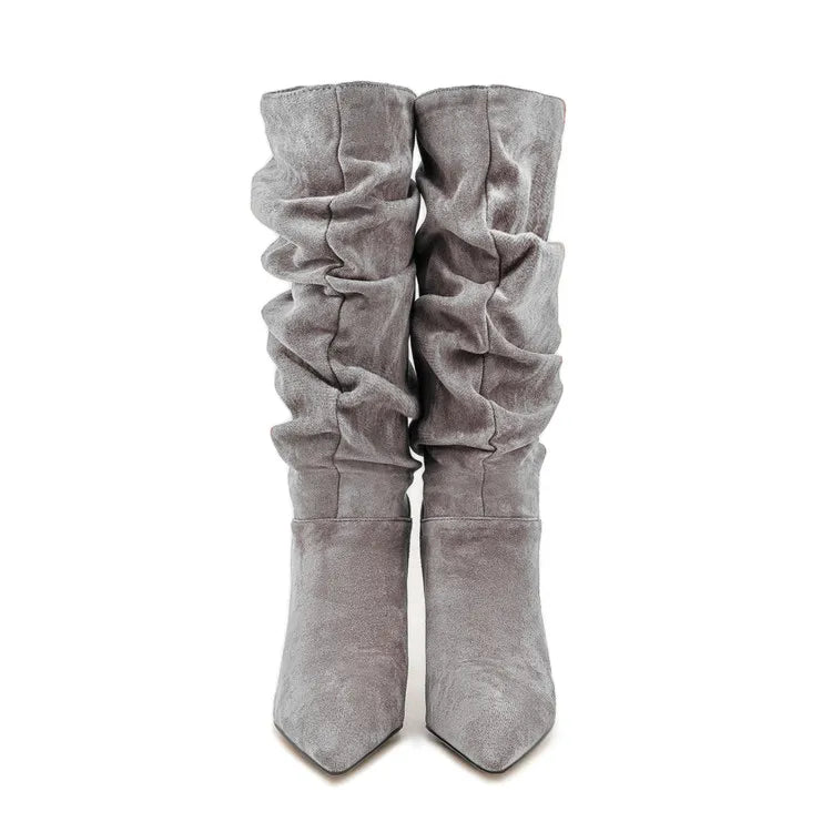 2025Women's Autumn and Winter New Pleated High-heeled Short Boots with Pointed Sleeves, Women's 35-47 Large Mid Length Boots