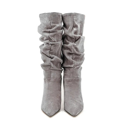 2025Women's Autumn and Winter New Pleated High-heeled Short Boots with Pointed Sleeves, Women's 35-47 Large Mid Length Boots