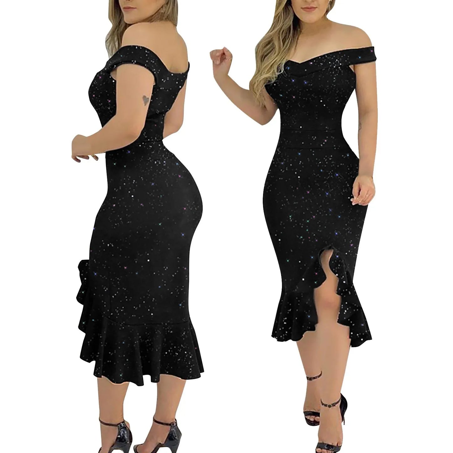Women's Fashion Sexy Summer Off Shoulder  Short Sleeve Sequin Ruffle Irregular Dresses elegant women's dresses for party 2024