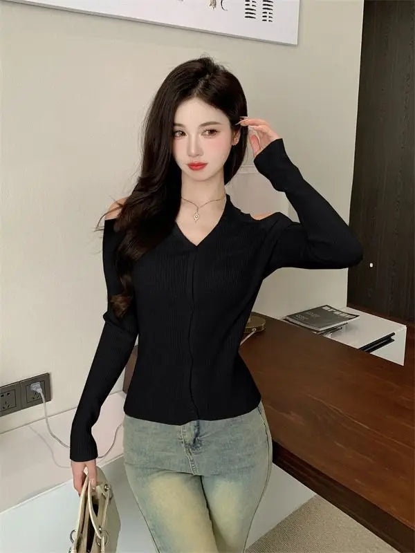 Women Clothing Autumn Fashion Simplicity All-match Screw Thread Knitting Female Solid Color V-neck Slim Sweater Pullovers Tops