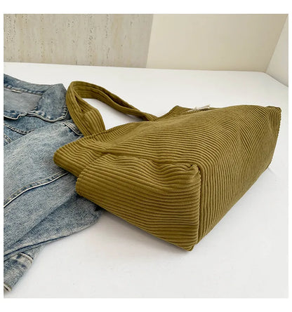 Casual Corduroy Handbag with Zipper Closure Light and Large Capacity Fixed Shoulder Strap Solid Color Daily Commuter Handbag