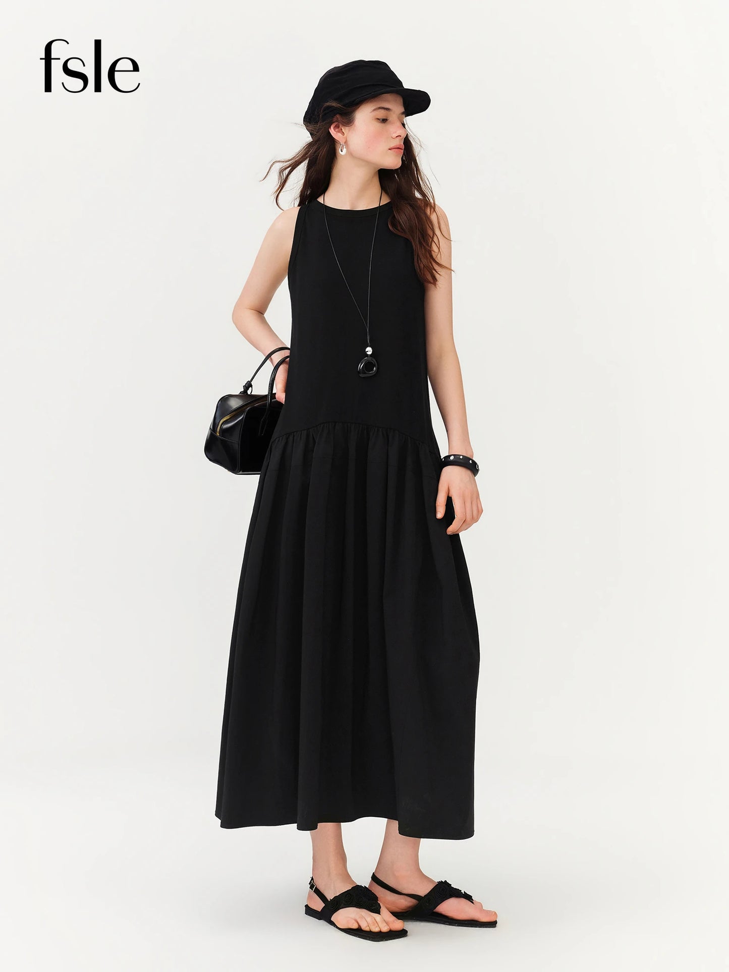 FSLE Women's Minimalist Commute Sleeveless Crew Neck Slim Fit Tank Dress 2026 Summer New Arrival Elegant Black Long Daily Dress