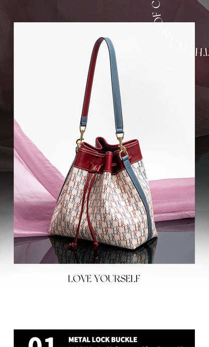 CHCH Women's Bucket Bag Spring New Wine Red Drawstring Bag Dual purpose Shoulder Strap Commuter Wallet