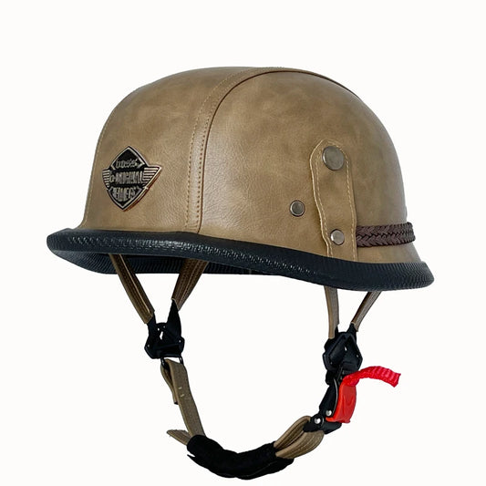 Vintage leather WWII-style black riding helmet, unisex open-face half helmet for German motorcycles, factory direct sales.
