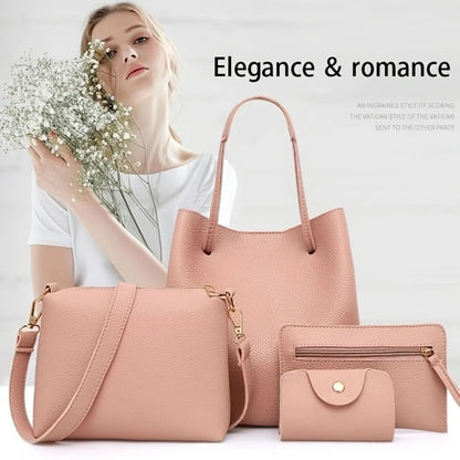 New 4pc Large Capacity Leather Handbag Solid Color Lychee Texture Shoulder Bag Bucket Bag Purse