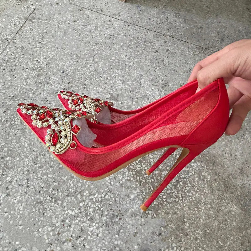 New Design Red Diamond Sexy 12cm 10cm Woman High Heels Pointed Toe Shallow Stilettos Pumps Lace Breathable Wedding Party Shoes