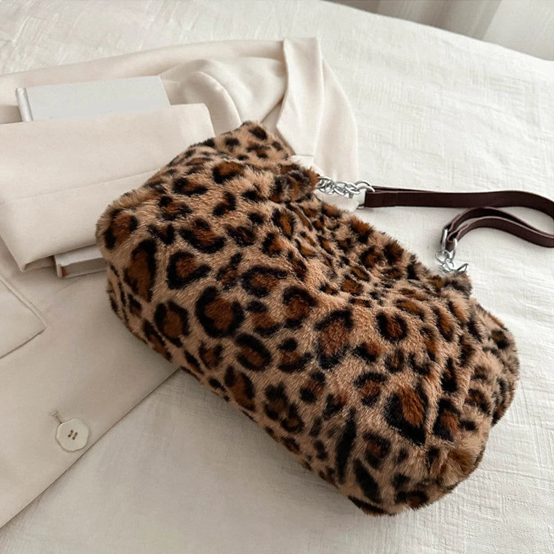 New Leopard Print Fur Bags Women Fashion Portable Faux Fur Handbags Winter Soft Warm Bag Girls Fluffy Large Capacity Tote Purse