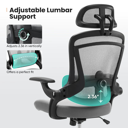 MCQ Office Computer Gaming Chair Ergonomic Flip Armrest Adjustable Headrests and Lumbar Support Mesh Chair For Office Home  ﻿