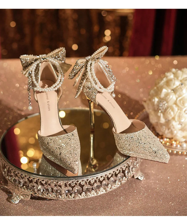Shiny Glitter Bow Pearl Chain High Heels Wedding Banquet Dress Wedding Shoes Women's Shoes