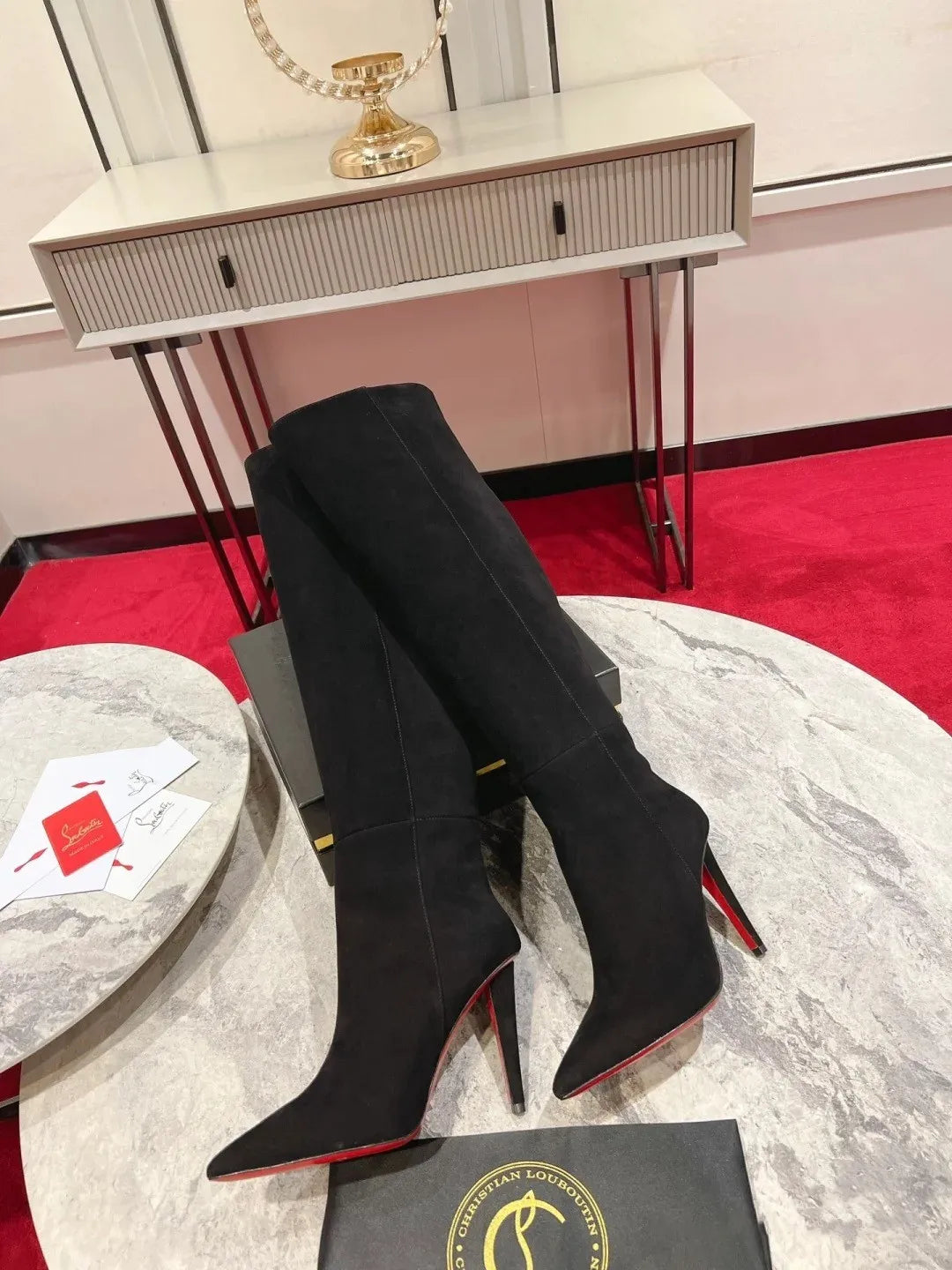 New European and American Women's Slim High Heels, Pointed Rivets, Knee Length Boots, Fashionable Party Oversized Mid Size Boots