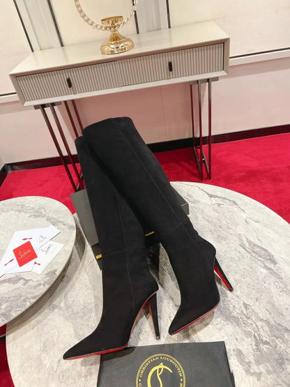 New European and American Women's Slim High Heels, Pointed Rivets, Knee Length Boots, Fashionable Party Oversized Mid Size Boots