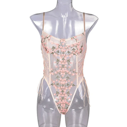 Retro 2024 New Gothic Sexy Mesh Romper Women Punk Aesthetic Fairycore Grunge Emo Floral Embroidery See Through Lingerie Jumpsuit
