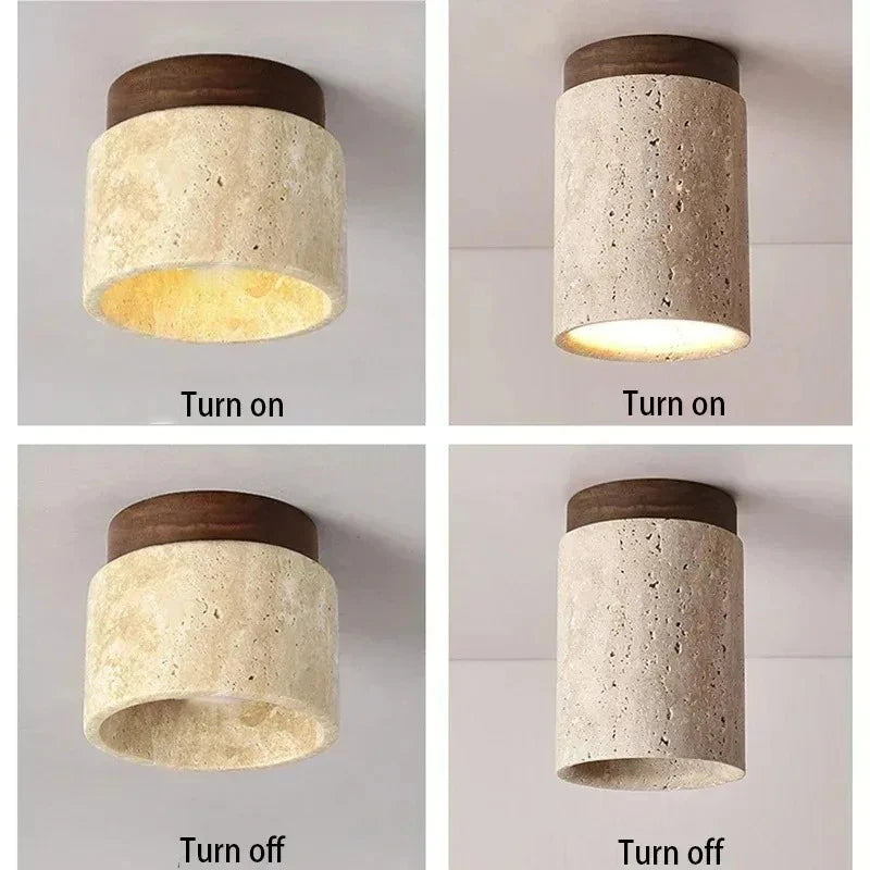 Yellow Travertine LED Ceiling Lamp Japanese Wooden Downlight round Wood Light for Living Room Corridor Porch Balcony