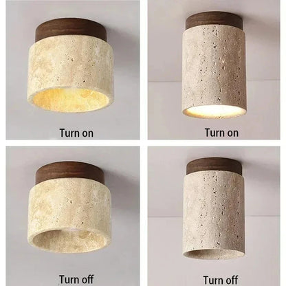 Yellow Travertine LED Ceiling Lamp Japanese Wooden Downlight round Wood Light for Living Room Corridor Porch Balcony