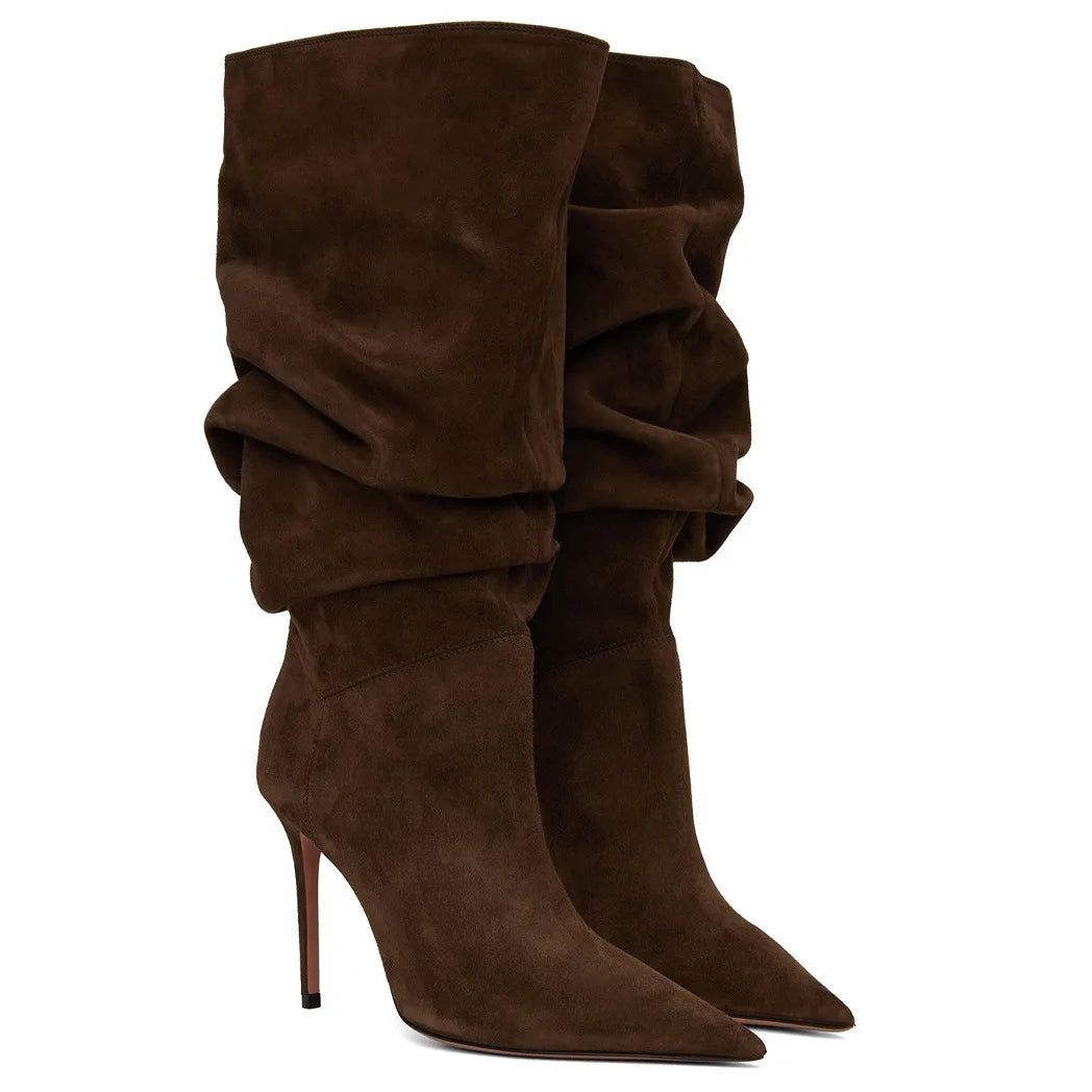 2025Women's Autumn and Winter New Pleated High-heeled Short Boots with Pointed Sleeves, Women's 35-47 Large Mid Length Boots