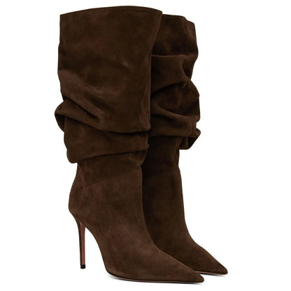 2025Women's Autumn and Winter New Pleated High-heeled Short Boots with Pointed Sleeves, Women's 35-47 Large Mid Length Boots