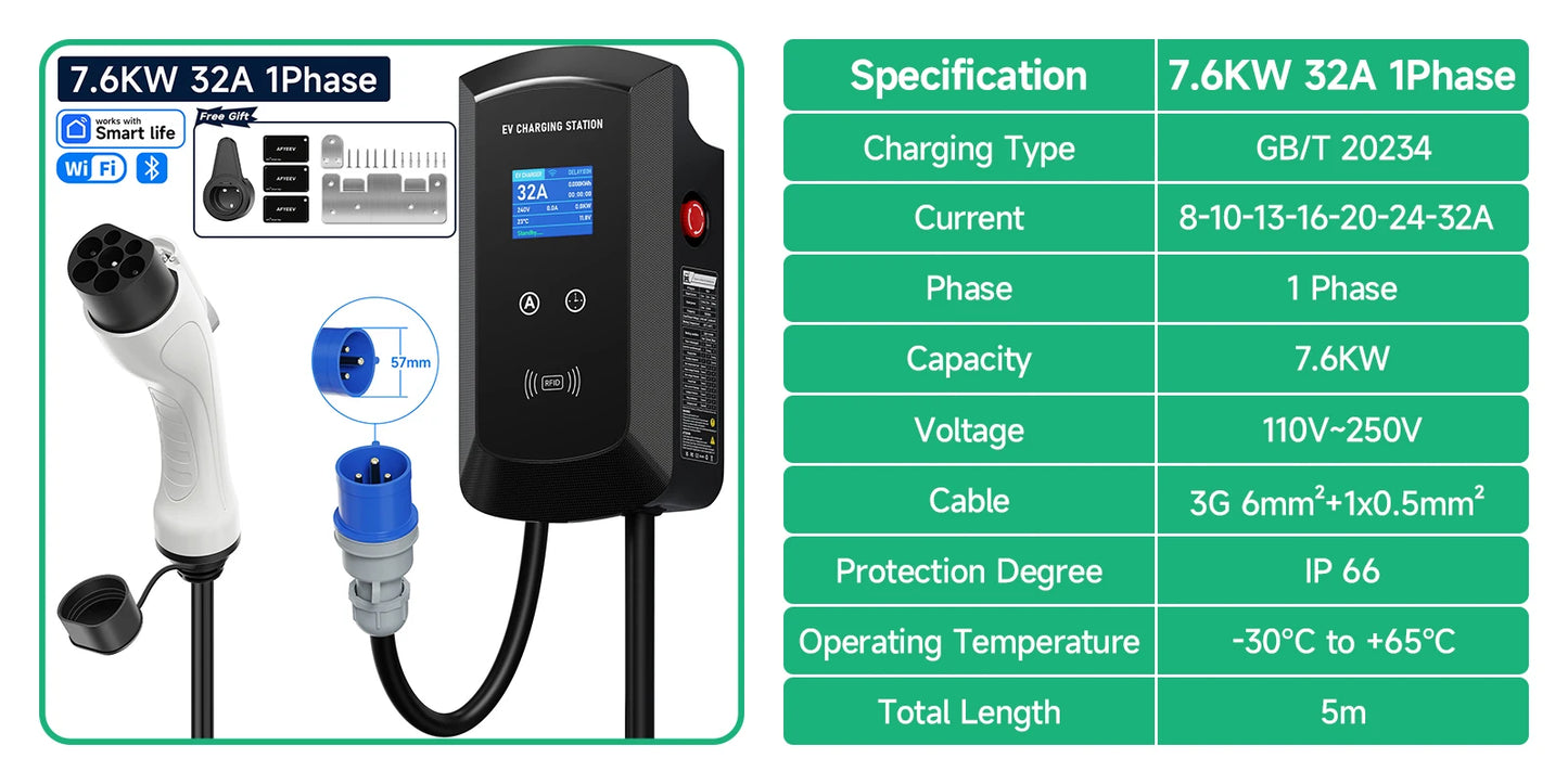 Puppyfc 7.6KW/11KW/22KW 3Phase EV Charging Station GBT 20234 Electric Car Charger EVSE Wallbox WiFi Bluetooth APP Remote Control