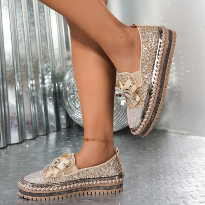 Women Sneakers 2025 New Luxury Crystals Bowknot Loafers Sequined Flat Platform Shoes Couple Fashion Plus Size Sneakers Women