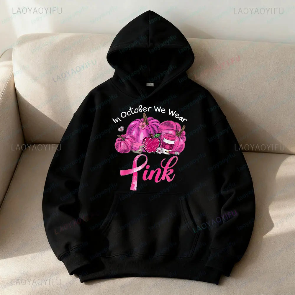 In October We Wear Pink Sweatshirt Retro Pumpkin Hoodies Breast Cancer Awareness Fighter Tops Pink Bow Ribbon Women Streetwear