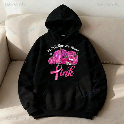 In October We Wear Pink Sweatshirt Retro Pumpkin Hoodies Breast Cancer Awareness Fighter Tops Pink Bow Ribbon Women Streetwear