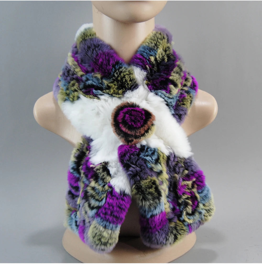 Hot Russian Women Knit Real Rex Rabbit Fur Scarf Lady Fashion Floral Rex Rabbit Fur Mufflers Hot Winter Warm Natural Fur Scarves
