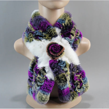 Hot Russian Women Knit Real Rex Rabbit Fur Scarf Lady Fashion Floral Rex Rabbit Fur Mufflers Hot Winter Warm Natural Fur Scarves