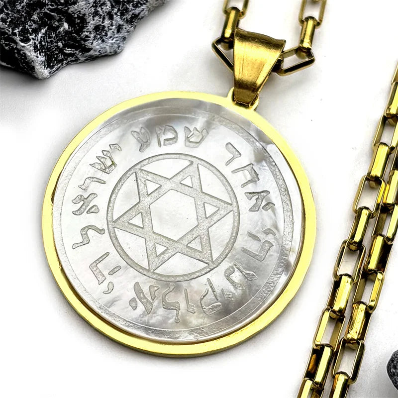 Hebrew Star of David Natural Shell Pendant Necklace for Women Men Stainless Steel Gold Silver Color Jewish Bless Chain Jewelry