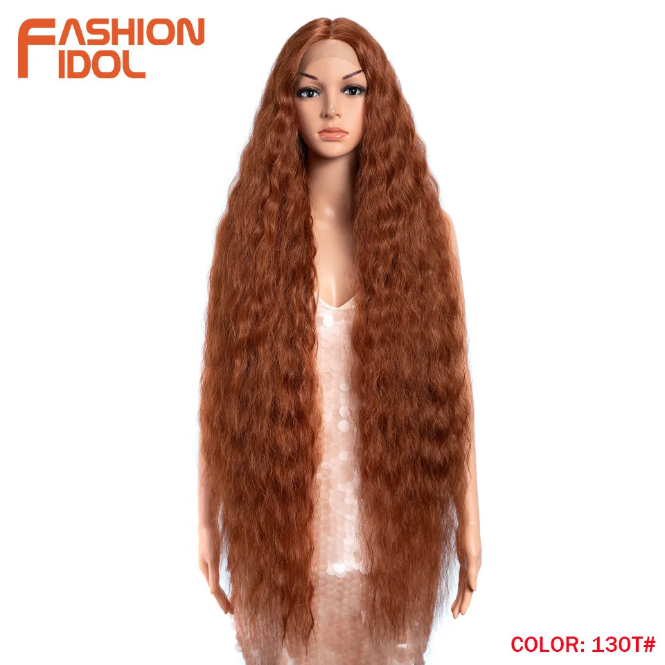 FASHION IDOL 42" Loose Wave Lace Front Wig Hair Synthetic Wigs For Women Ombre Blonde Water Wavy Long Curly Hair Wig Cosplay