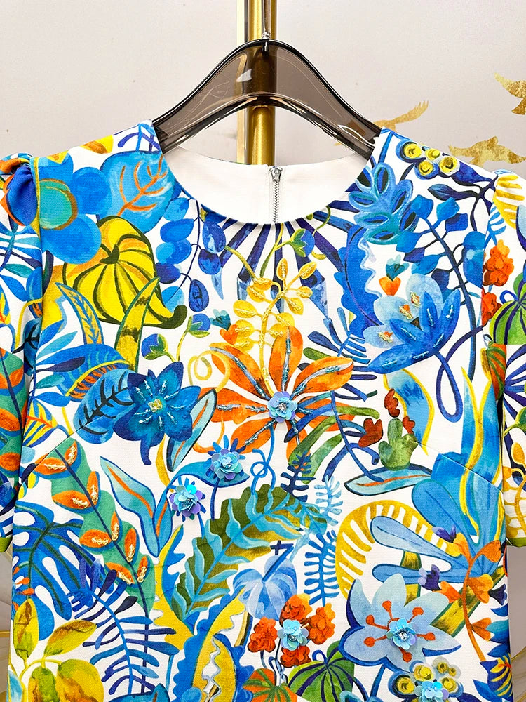 2026 Printed Beaded Dress Women Short Sleeve O Neck a Line Dress Elegant Fashion Summer Ladies Casual Party Midi Dress