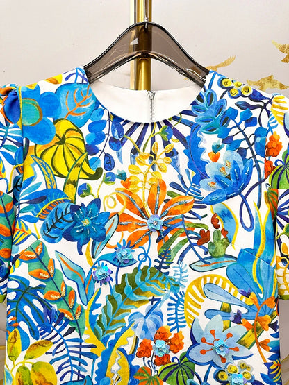 2026 Printed Beaded Dress Women Short Sleeve O Neck a Line Dress Elegant Fashion Summer Ladies Casual Party Midi Dress
