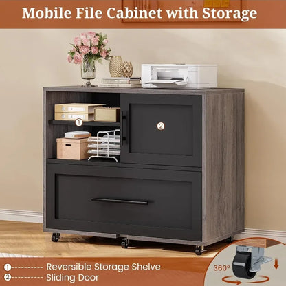 63 Executive Desk with Mobile File Cabinet for Large Office Spaces Modern L-Shaped Workstation with Built-in Power Outlets Inte
